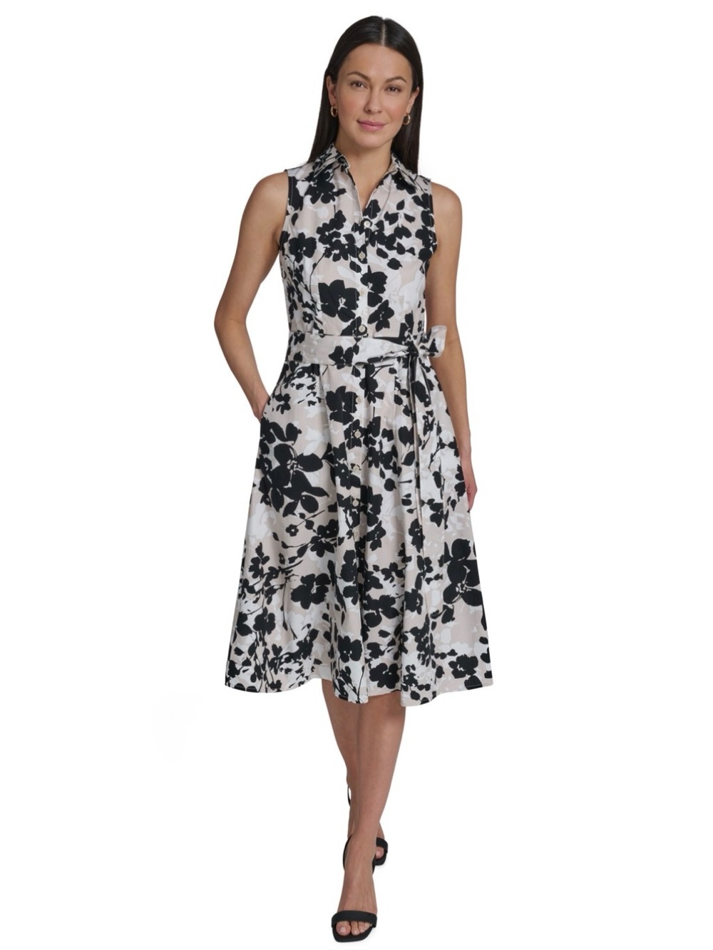 Calvin Klein Black & White Floral Midi Shirt Dress - Picture 6 of 7
